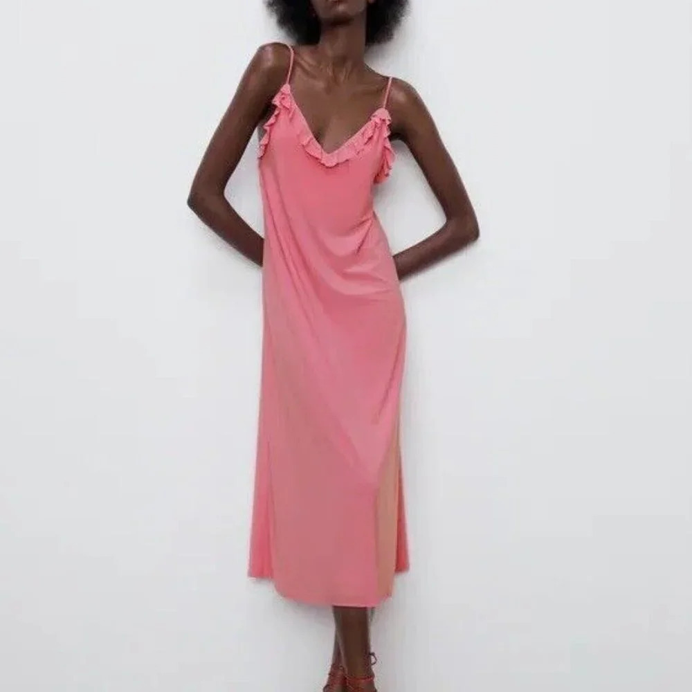 Zara Bubblegum Pink Midi Slip Dress Size S